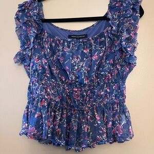French Connection Blue Floral Ruffle Blouse